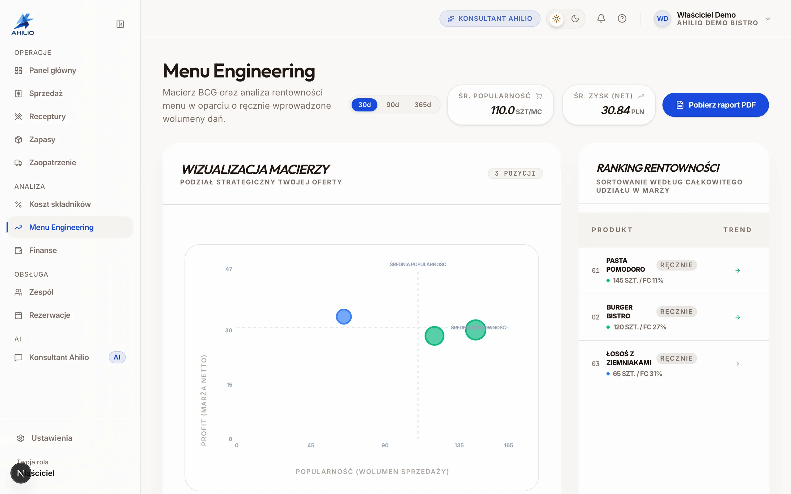 Zrzut ekranu Ahilio: Menu Engineering